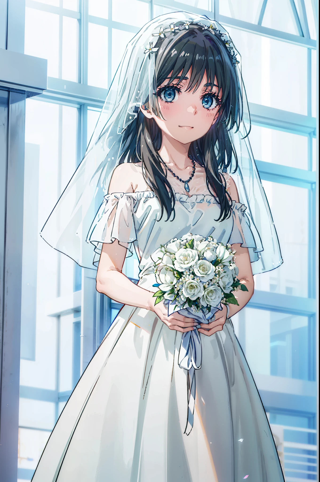 Okay, Saten Ruiko, Black Hair, blue eyes, Long Hair, hair ornaments, Floral decoration,Grin,smile,Veil,blush,Wedding dress,Off the shoulder,necklace,Wedding Skirts,Traveling with a large bouquet,Flower storm,
break indoor, Chapel,
break looking at viewer, Upper Body,whole body,(Cowboy Shot:1. 5) ,
break (masterpiece:1.2), Highest quality, High resolution, unity 8k wallpaper, (figure:0.8), (Beautiful attention to detail:1.6), Highly detailed face, Perfect lighting, Highly detailed CG, (Perfect hands, Perfect Anatomy),