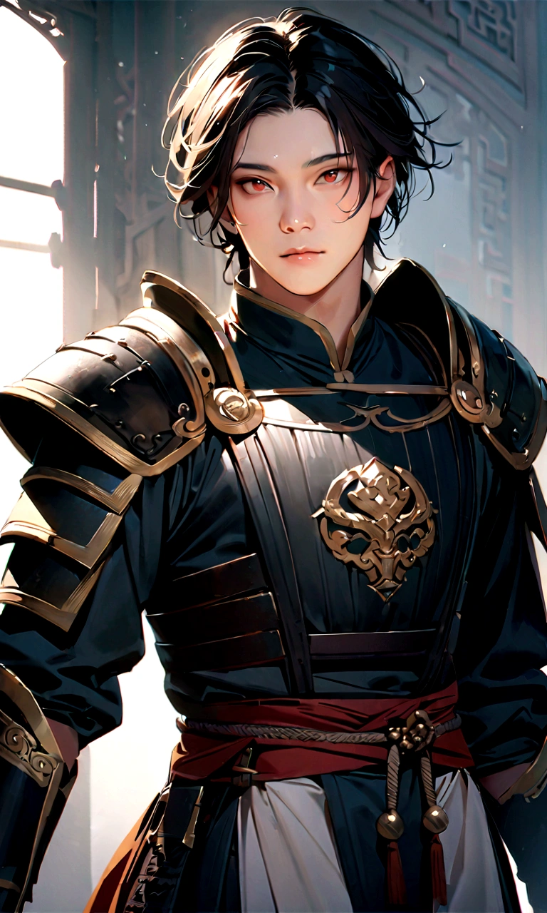 25 year old Chinese man,middle aged man,realistic,chinese_Armor,alone,Background of ancient chinese cities,detailed_eye,shoulder_Armor,(검은 eye),looking at viewer,(masterpiece:1.2), (best quality:1.2), perfect eye, perfect face, perfect lighting, (8K),(complete anatomy), Nee Shot