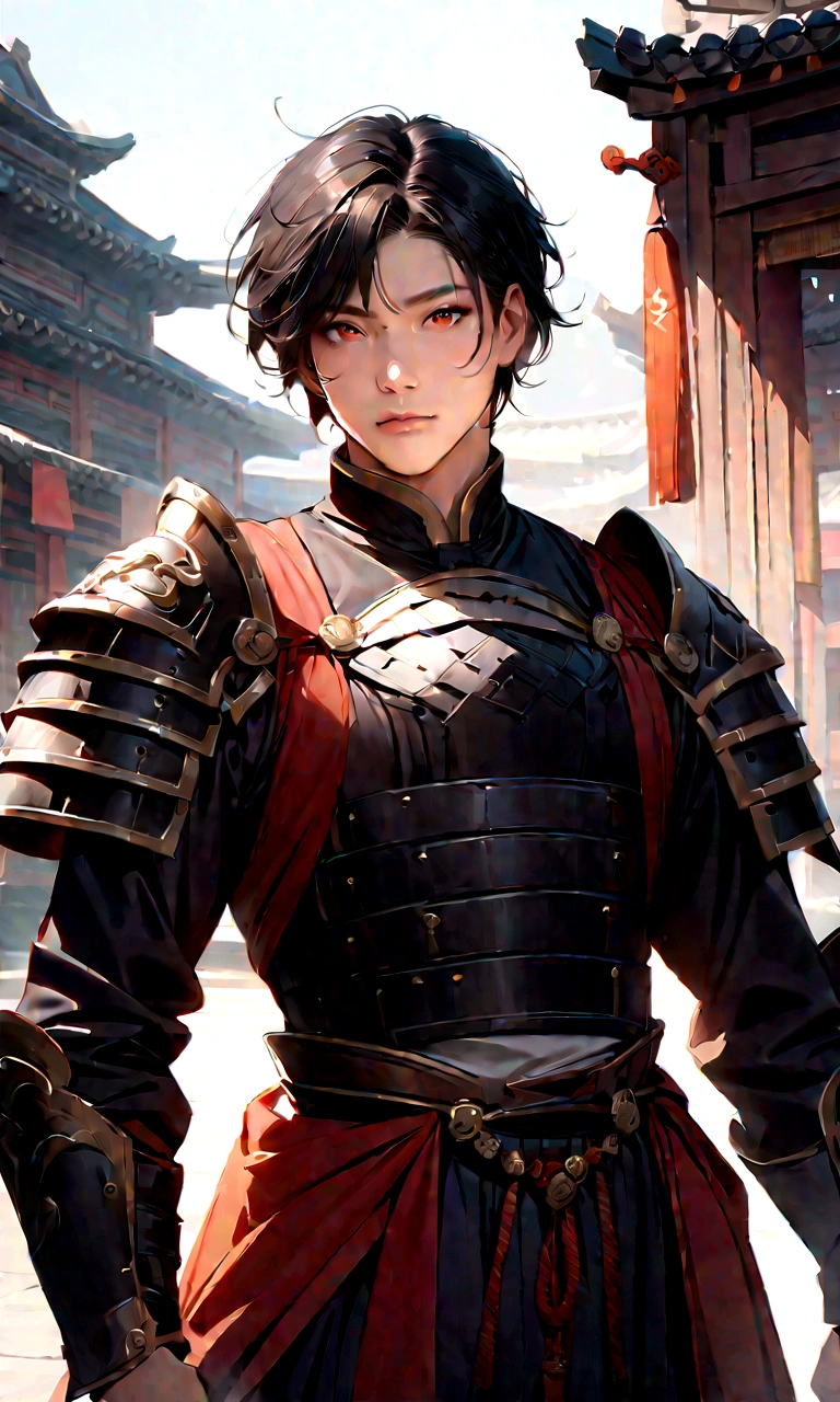 25 year old Chinese man,middle aged man,realistic,chinese_Armor,alone,Background of ancient chinese cities,detailed_eye,shoulder_Armor,(검은 eye),looking at viewer,(masterpiece:1.2), (best quality:1.2), perfect eye, perfect face, perfect lighting, (8K),(complete anatomy), Nee Shot