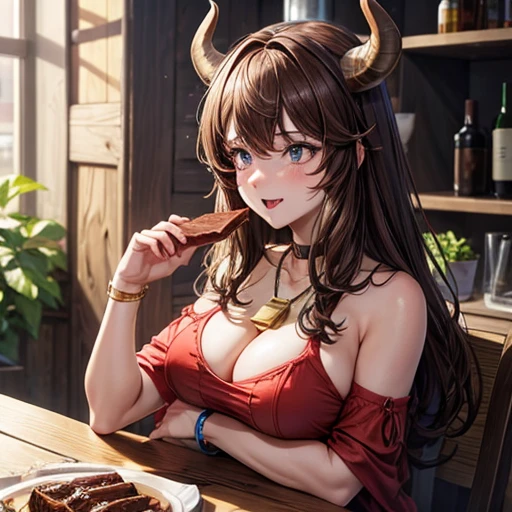 Minotaur woman eating beef　Brown Hair　Large Breasts　Wearing a cowbell necklace