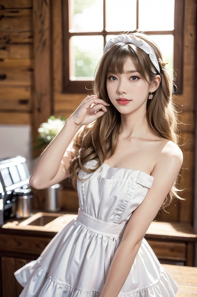 (((best quality))),(((ultra detailed))),(((masterpiece))),illustration,1girl,maid cafe,stunningly beautiful,slim,medium straight bob hair,flat chest,deep captivating eyes,maid costume,strapless see through lace apron,graceful movements,confident charm,warm genuine smile,France cafe,delicious coffee pastries,warm inviting atmosphere,joyful eyes,Coffee Machine,close-up of face