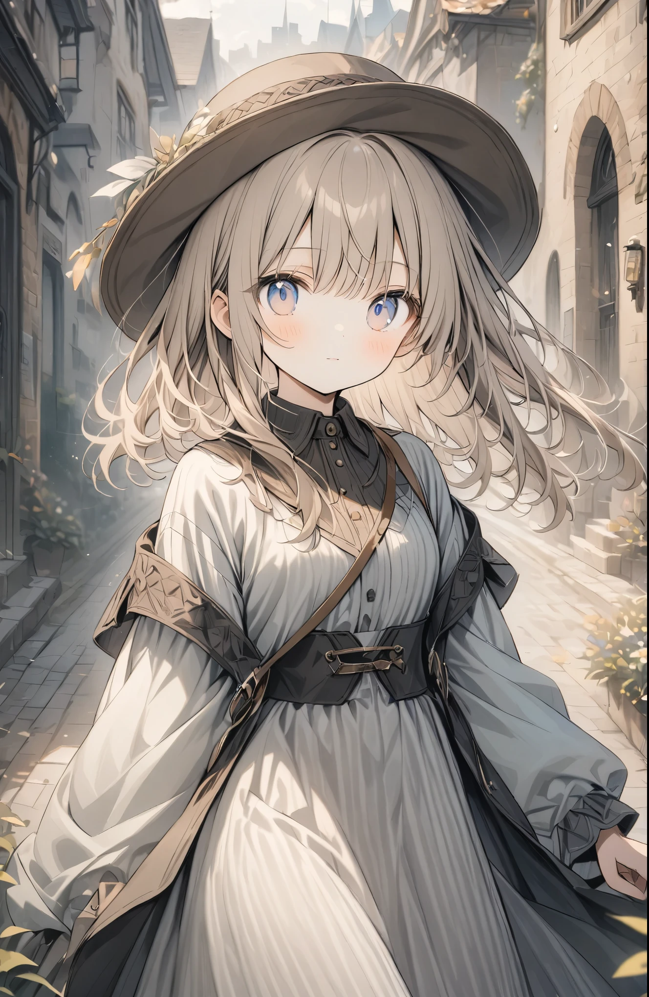 ((pale colour)),35mm, debt/1.2, 超High resolution, Attention to detail, highest quality, High resolution, masterpiece、masterpiece, best quality, ultra detailed, very aesthetic, 1girl、Different world、Girl in a hat、cute、Different world outfit、Grass grows on both sides of the cobblestones_There is a brick building in the back１item,anime、Pale colors、Close-up、Brown Hair、Shortcuts