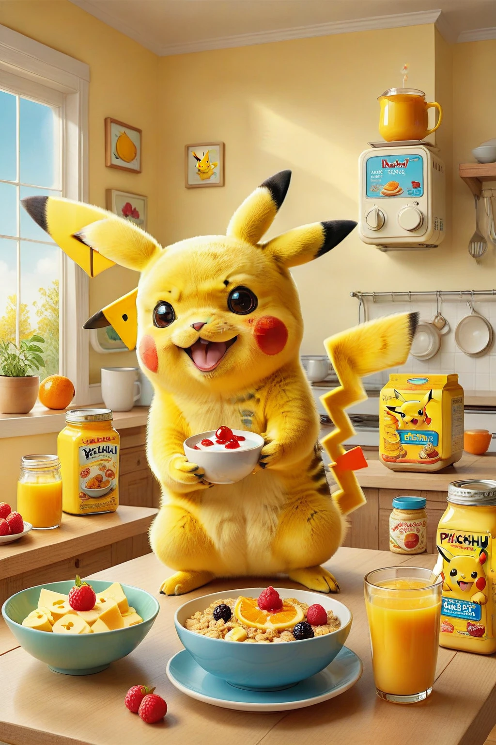 cute illustration of Pikachu having breakfast. Pikachu should be sitting at a kitchen table, enjoying a bowl of cereal with milk. Include elements like a toaster, a jar of jam, and a cup of orange juice on the table. The scene should be bright and cheerful, capturing the simplicity and joy of a morning meal