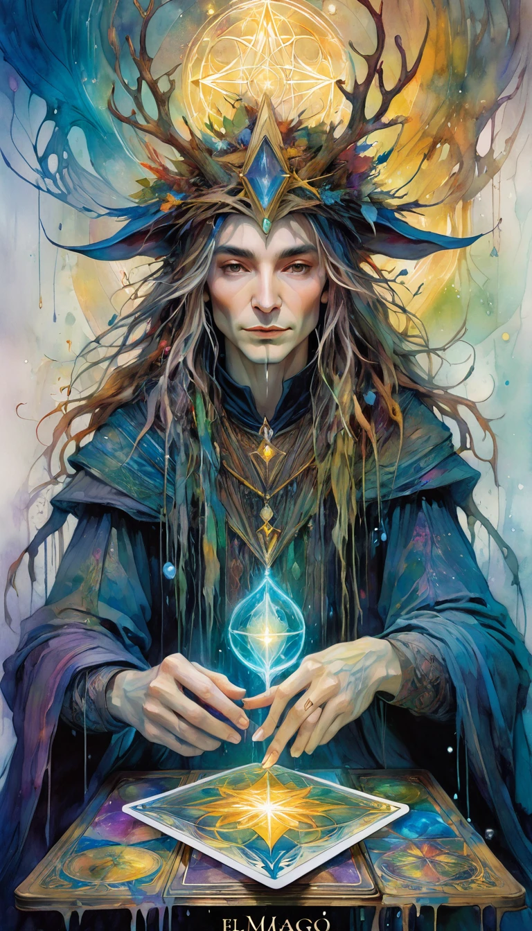 tarot card, the magician, FULL tarot card frames ((text on card: "EL MAGO")) (by Brian Froud and Carne Griffiths and Wadim Kashin, intricate details, oil) . bright colors, oil paint)