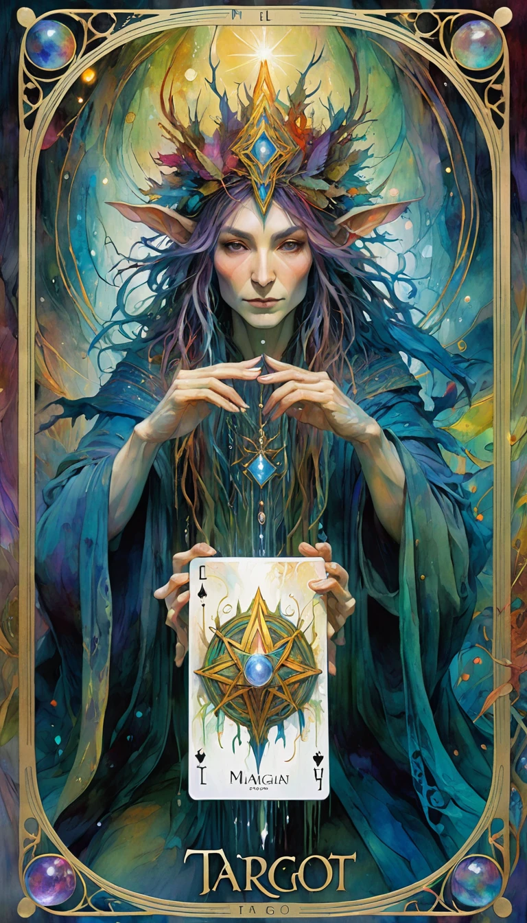 tarot card, the magician, FULL tarot card frames ((text on card: "EL MAGO")) (by Brian Froud and Carne Griffiths and Wadim Kashin, intricate details, oil) . bright colors, oil paint)
