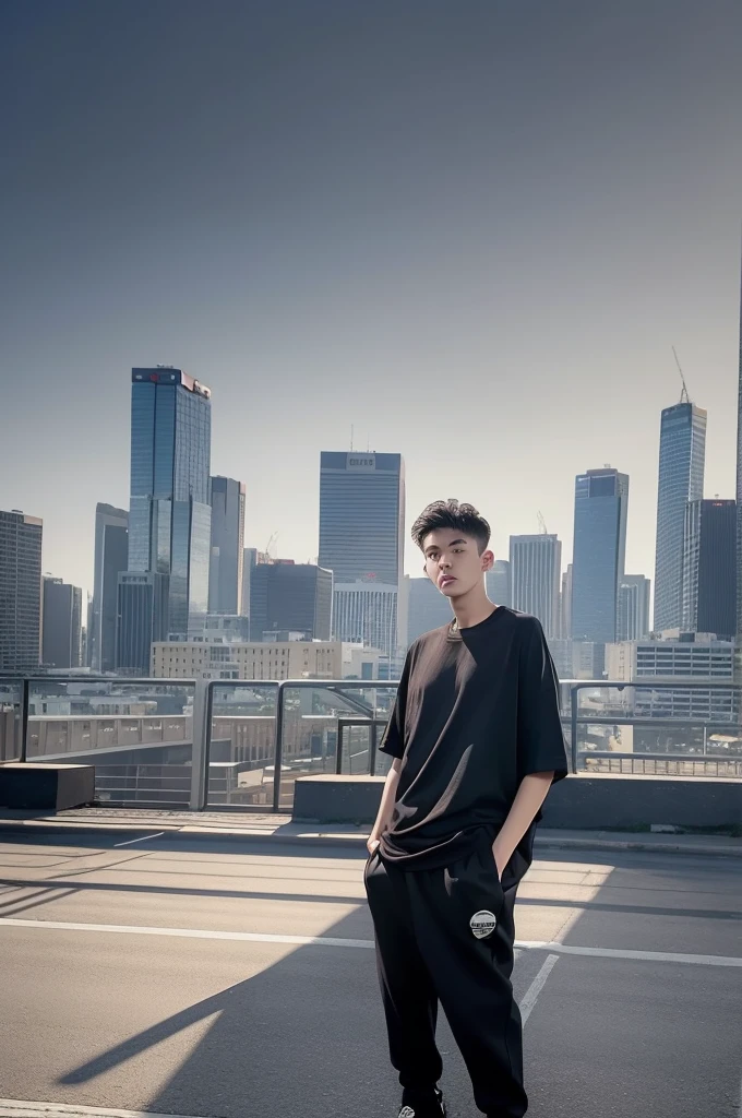 Best Quality, masutepiece, (Photorealistic:1.4), 1boy, Solo, Short hair, Big eyes, oversize plain T shirt, black jogger pants, sneakers ((full body:1.3)), Dramatic Lighting, Looking at Viewer, Standing, Outdoors, Cityscape, A city scape, Buildings