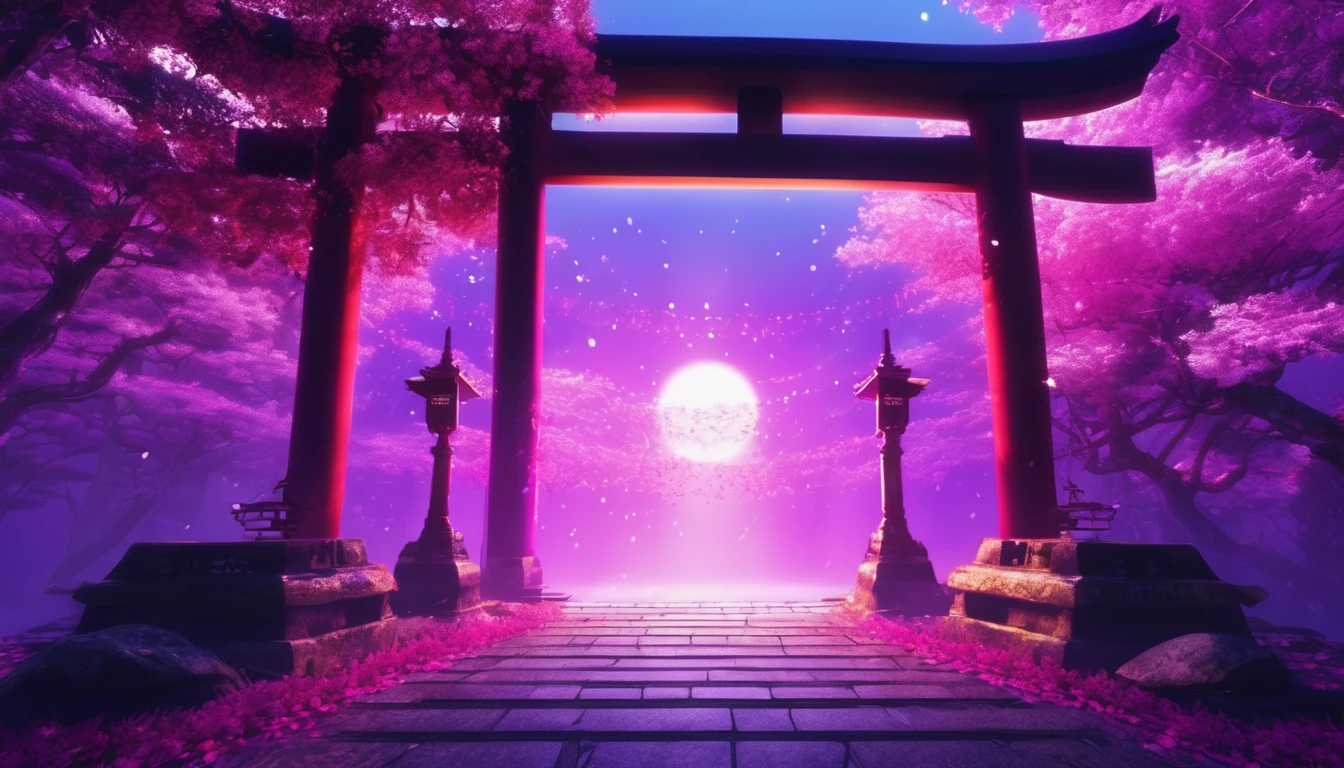 Shrine torii gate、in the center,Very bright color, Particles of light, The light shines, disaster, Wallpaper Art, UHD wallpaper、Background purple、mysterious、Impersonal、