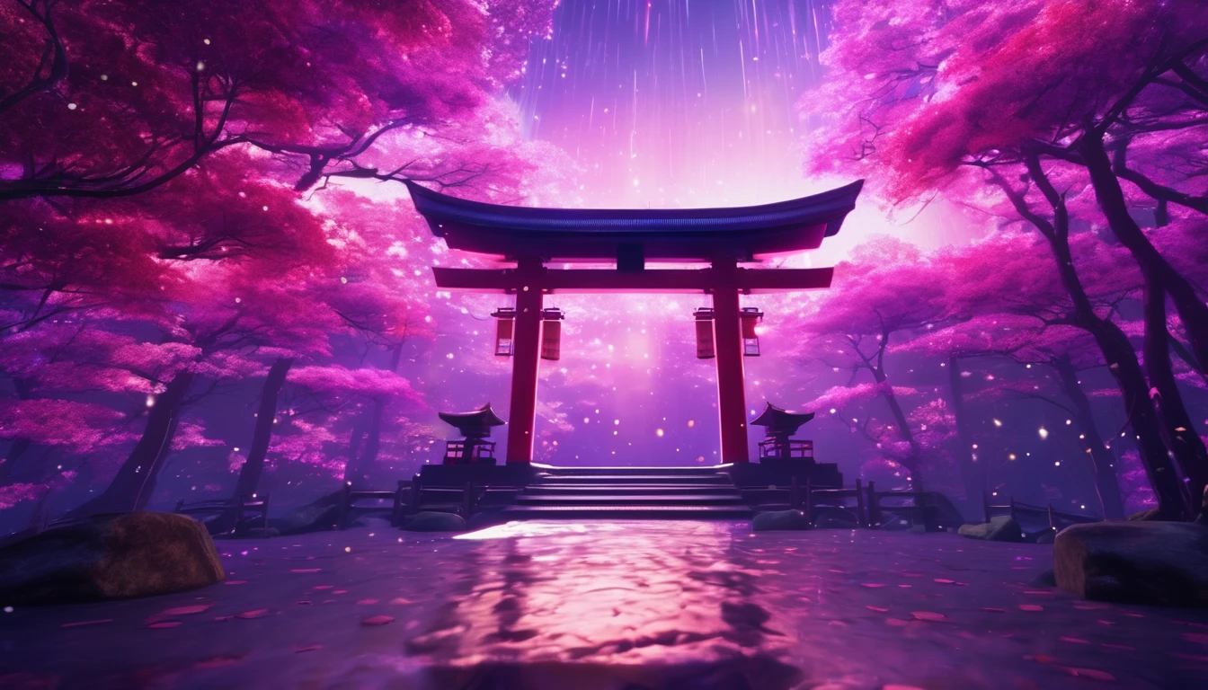 Shrine torii gate、in the center,Very bright color, Particles of light, The light shines, disaster, Wallpaper Art, UHD wallpaper、Background purple、mysterious、Impersonal、