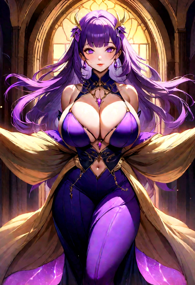 Create a digital artwork of a voluptuous female character with massive breasts in an anime-inspired style. The character should have long, flowing purple hair and large, expressive purple eyes. She should be wearing an almost see through bra that accentuates her curves. The art style should be a blend of anime and semi-realism, with: Smooth, detailed shading: Use gradients to create depth and volume in the character's form. Sharp, precise line work: Clean lines to define the character's features and outfit. Realistic lighting effects: Emphasize the reflective quality of the whole outfit with highlights and glossy reflections. Soft, ambient background: Set the scene in a dark hallway, the character standing, bending forward towards the viewer. The background should have a soft, romantic glow with bokeh effects to enhance the dreamy atmosphere. Color vibrancy: Use rich, vibrant colors for the character and background to make the image pop. Ensure the character's expression is giving a seductive and confident look. The overall mood should be bold and captivating, with a high level of detail and polish in the final artwork.