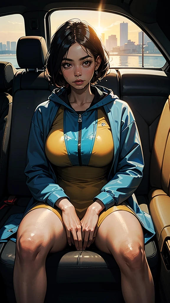 (Masterpiece),(best quality:1.0), (ultra high definition:1.0), details, A young girl., blue sun protection coat, golden hour, Beautiful, detailed skin, (Sitting in the car), ดวงตาที่มีdetails, open legs, sexy, Wet crotch, Embarrassing, natural light,