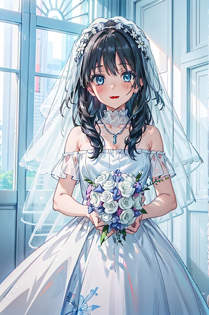 Okay, Saten Ruiko, Black Hair, blue eyes, Long Hair, hair ornaments, Floral decoration,Grin,smile,Veil,blush,Wedding dress,Off the shoulder,necklace,Wedding Skirts,Traveling with a large bouquet,Flower storm,
break indoor, Chapel,
break looking at viewer, Upper Body,whole body,(Cowboy Shot:1. 5) ,
break (masterpiece:1.2), Highest quality, High resolution, unity 8k wallpaper, (figure:0.8), (Beautiful attention to detail:1.6), Highly detailed face, Perfect lighting, Highly detailed CG, (Perfect hands, Perfect Anatomy),