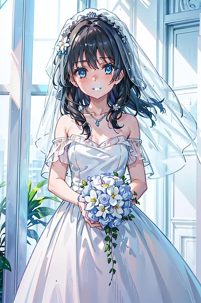 Okay, Saten Ruiko, Black Hair, blue eyes, Long Hair, hair ornaments, Floral decoration,Grin,smile,Veil,blush,Wedding dress,Off the shoulder,necklace,Wedding Skirts,Traveling with a large bouquet,Flower storm,
break indoor, Chapel,
break looking at viewer, Upper Body,whole body,(Cowboy Shot:1. 5) ,
break (masterpiece:1.2), Highest quality, High resolution, unity 8k wallpaper, (figure:0.8), (Beautiful attention to detail:1.6), Highly detailed face, Perfect lighting, Highly detailed CG, (Perfect hands, Perfect Anatomy),