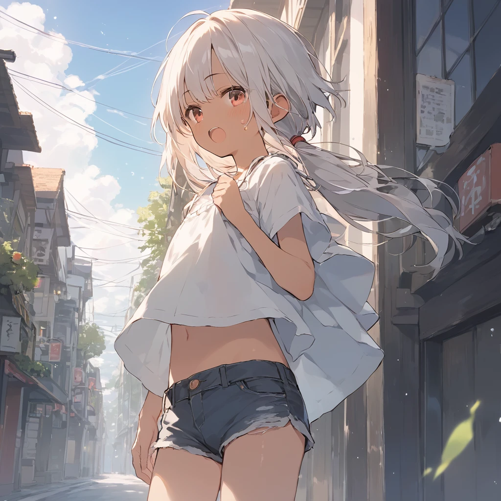 score_9, score_8_up, score_7_up, source_anime, best quality, masterpiece, official art, absurdres, highres, ultra-detailed,waifu2x,Collection: Slice of Life,break,1girl, tomboy, dark-skinned female, short hair, low ponytail, flat chest, beautiful detailed eyes, short shorts, sweat, open mouth, (yawn:0.3), sleepily, outdoors, wind, break,(clear line illustration:1.2),very high resolution, very aesthetic, super detailed skin, Best sexual lighting powered by famous artist, 8k,cute picture,beauty illustration,photoshop_(medium),,(Detailed Lighting),best anime 8k konachan wallpaper, pixiv contest winner,