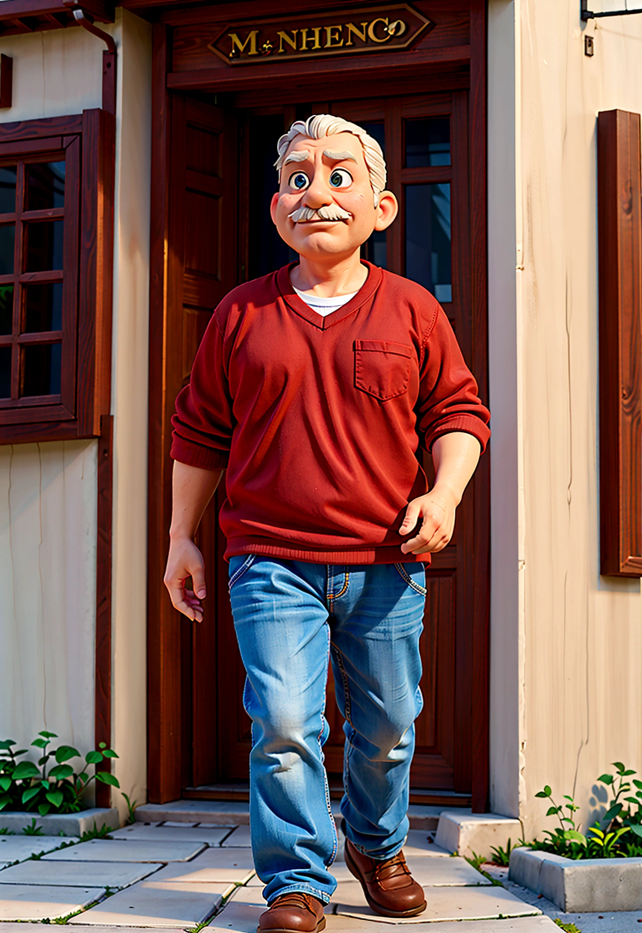 A middle-aged man with a thoughtful expression, walking through an old town with warm, welcoming tones. disney pixa