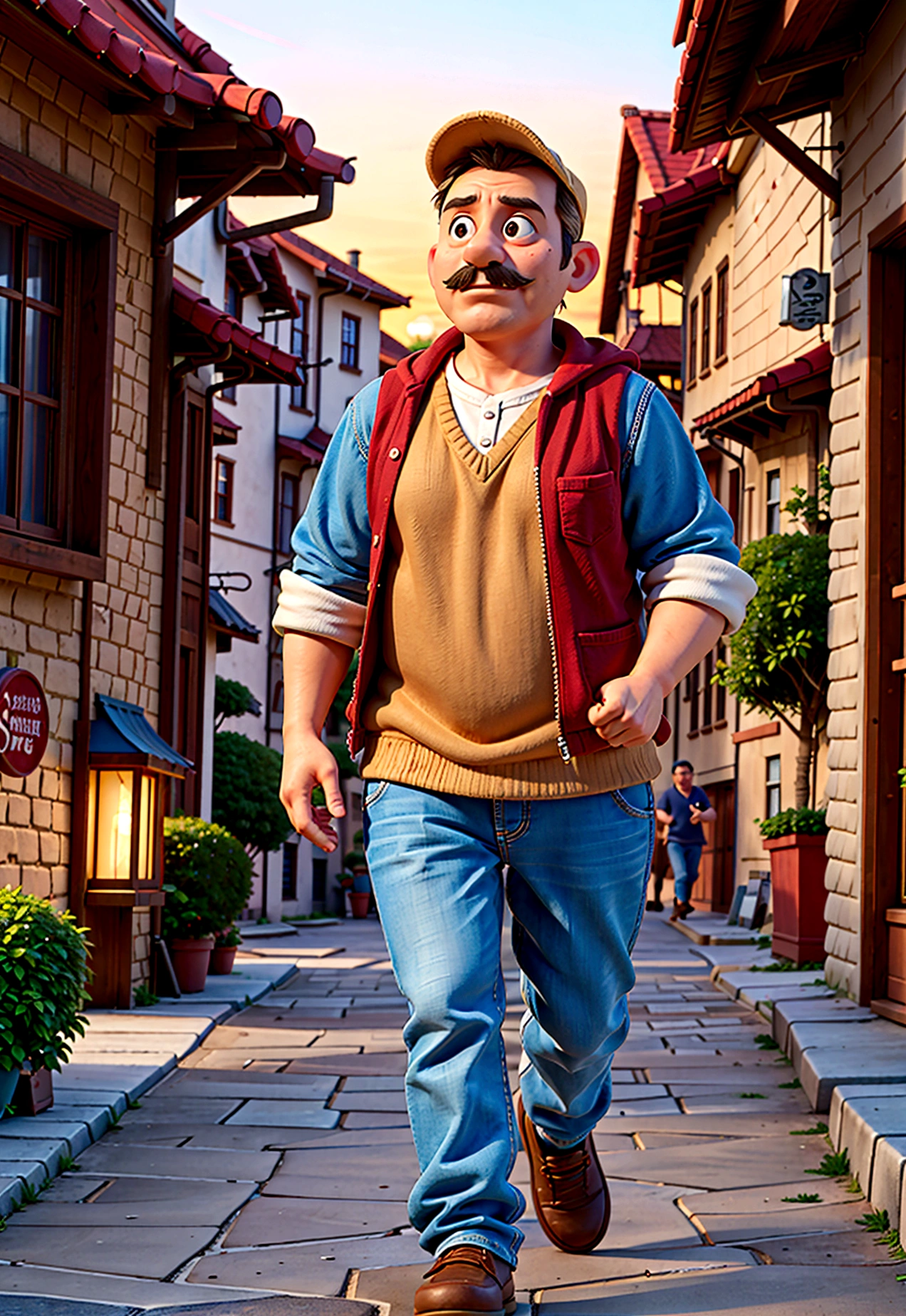 A middle-aged man with a thoughtful expression, walking through an old town with warm, welcoming tones. disney pixa