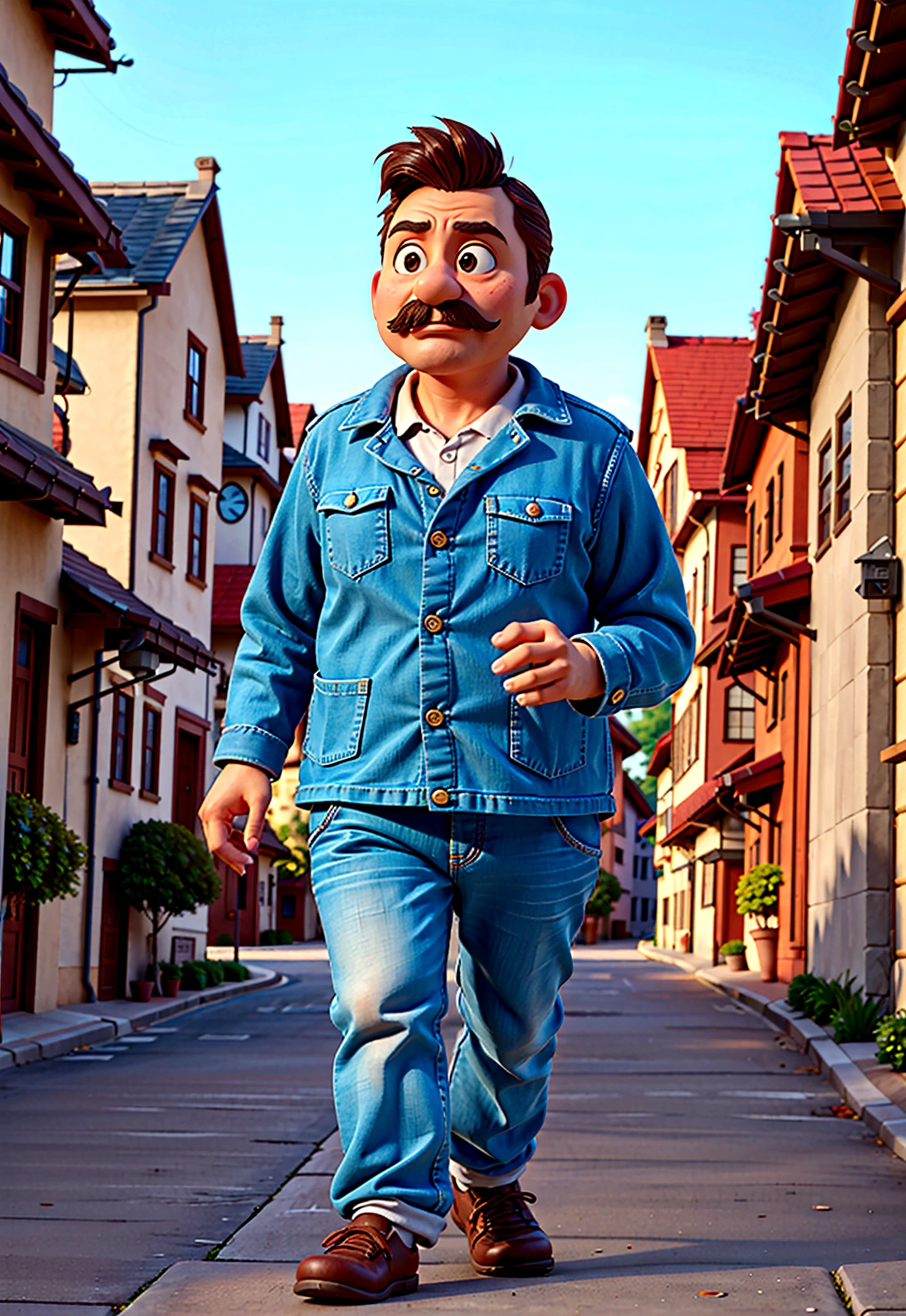 A middle-aged man with a thoughtful expression, walking through an old town with warm, welcoming tones. disney pixa
