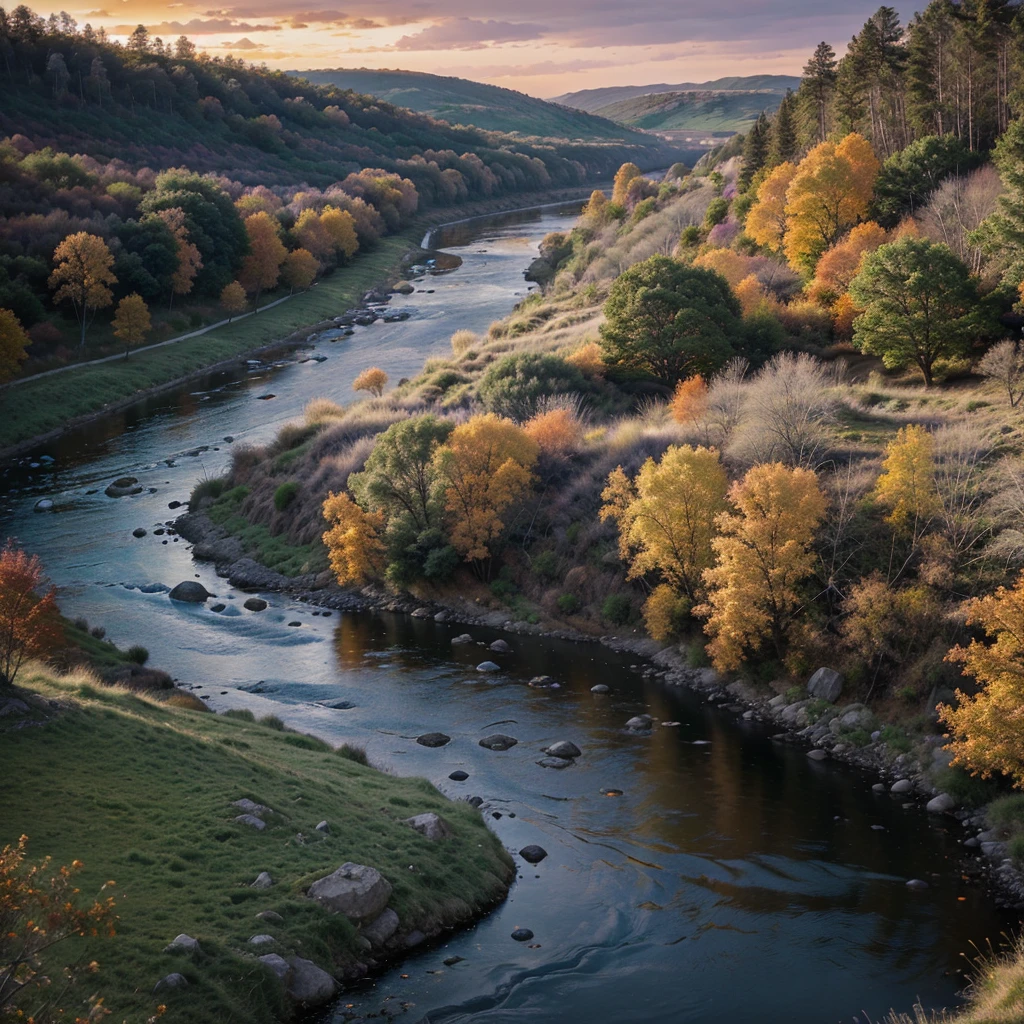 fantasy landscape, hill, orange and purple sky, river flow. around the trees