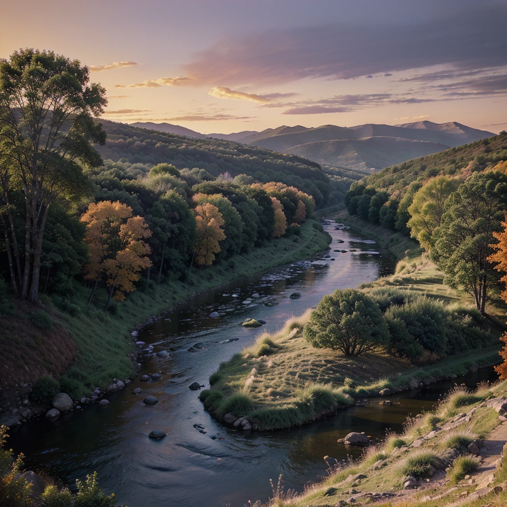 fantasy landscape, hill, orange and purple sky, river flow. around the trees