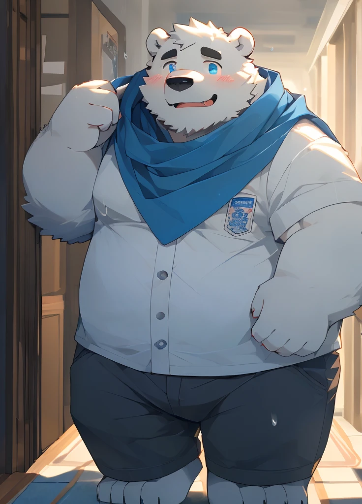 (masterpiece),(Very detailed),(best quality),hairy,Adult polar bear,White fur,Chubby body,Blue pupils,(Standing in the hallway),((Blue scarf)),(Wearing takeaway clothes),(There are raindrops on the body),(blush:1.1),(Silly Smile),((Cute expression)),(high quality),(Ultra HD),(Extremely detailed)