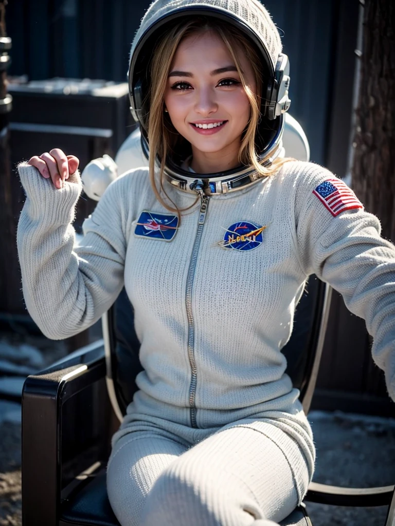 (smile)、(((Staring at the audience)))、((Spaceman in space suit sitting in spaceship cockpit)),wear spacesuits, Dressed in an astronaut costume, Cute girl in a tank top, girl in space, In space, (((Dressed in an astronaut costume))), woman astronaut, ((Sitting on a chair with legs spread))、((Sexy young woman&#39;s body:1.4))、