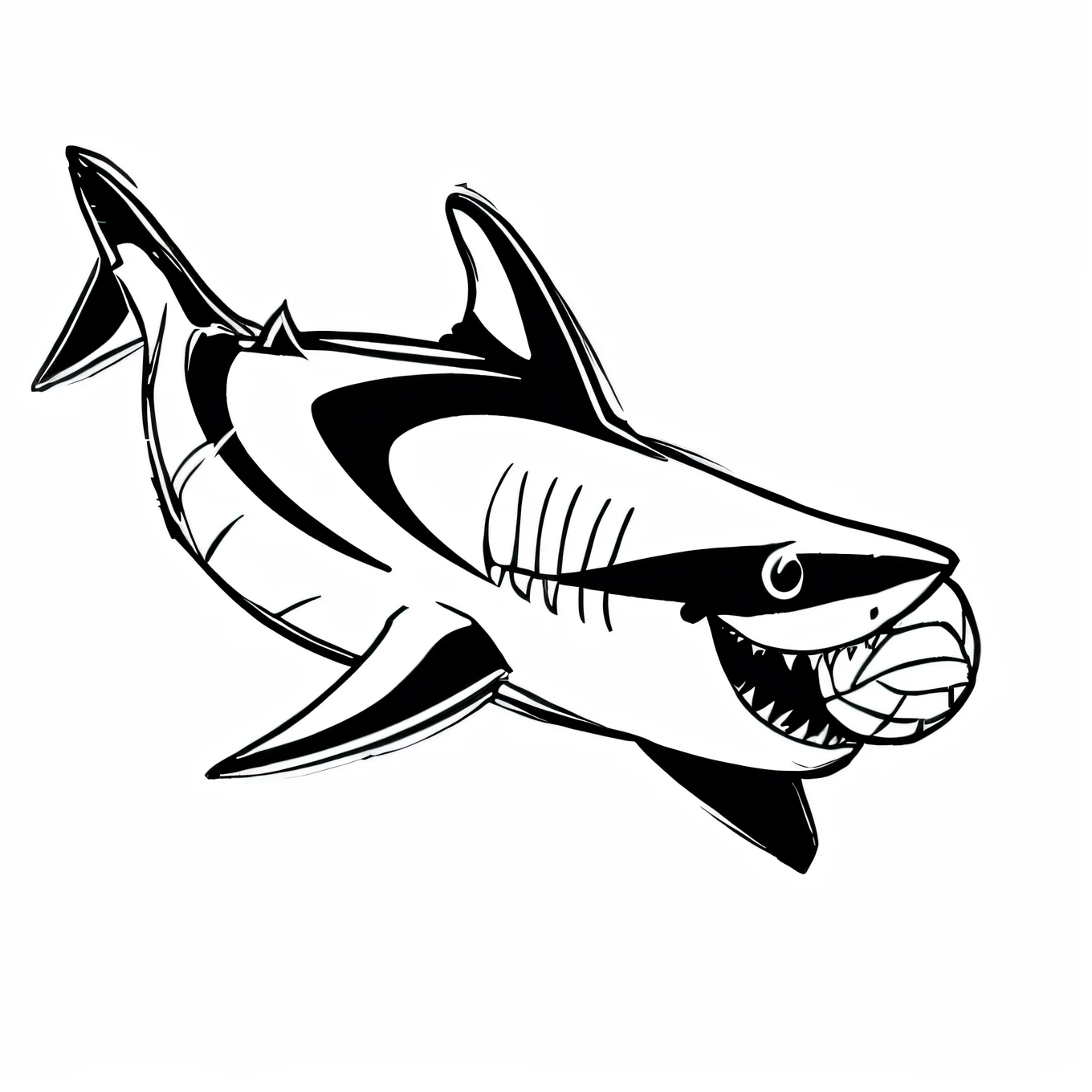 a black and white drawing of a Hai with a big mouth, anthropomorphic Hai, Hai, Hai head, great white Hai, Megalodon, sharp lineart, big mouth with teeth, sharp vector graphics, Scary fish, sharp image, Hai face, Mascot illustration, Image sharp, Tattoo sketch of a sea, Black and white vector illustration, sharp jaw, smooth lines, Only four fins, smooth edges, clean lines, not fat Hait,