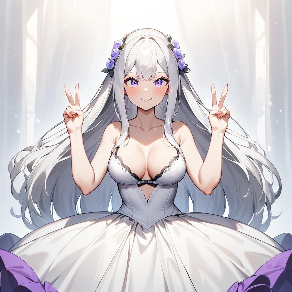 nafw,(2 girls),(duo),breast,absurdres,best quality,very aesthetic,absurdres,bra,(light silver White hair),太もも,(purple),(straight-on),(long hair),(gown),(bare breasts),(huge),(double v)