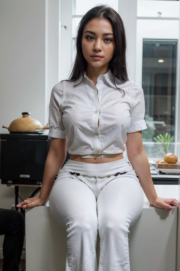 photorealistic, best quality, (hyper detailed: 1.4), (((sitting on the cook meeting:1.3))), long distance shot, great body, photosession, green eyes, dark black hair, Detailed eyes, ((wearing white shirt and black pants:1.5)). beautiful young asian woman, (Highly detailed face:1.4), smile. exuding a natural glow, soft lightning, evening time, cook meeting with people view, jaw-dropping beauty, sexy, seductive, vivid colors