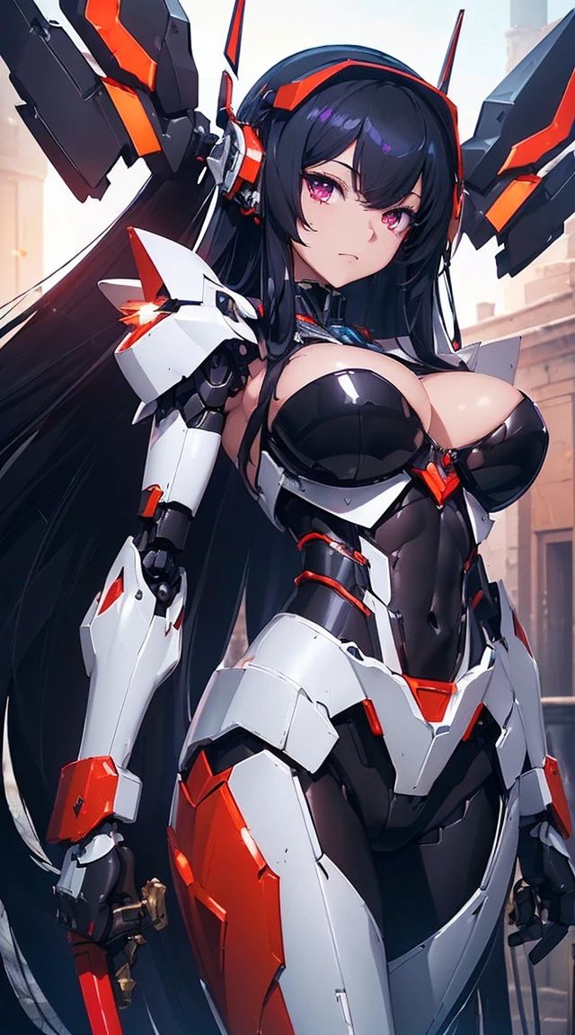 ((Shining lenses on both breasts:1.3))、((Pillars of red light radiate from both chests..:1.3))、((Attack pose:1.6))、((He has a red sword and a long rifle:1.6))、((Battle Scenes:1.8))、((8K)), ((32k)), ((Highest quality)), ((masterpiece)), ((超A high resolution)), ((Tmasterpiece)), ((Halation:1.4))、((Mechaニカルheadgear:1.2))、((Cyber headphones:1.3))Fine skin, High quality fabric, High-quality metal texture、((Beautiful and dense face))、RAW Photos、Professional, Ultra-fine painting, ((alone)), Beautiful breasts、Highest quality, Very detailed, Very detailed詳細, Finer details, so beautiful, ((Black Knight Robot:1.2)),  (Joint of the machine, Mechanical Limbs:1.3), (The internal structure of the machine is exposed:1.3), (Long black hair:1.1), (Beautiful and huge mechanical breasts)、White Veil, cowboy_shot, Side Focus, headgear, Shiny、(Five Fingers, Four fingers and thumb),Concept Art, Anime fantasy artwork, Detailed fantasy art, (Has light blue-purple hair and black wings,,,,,,), (((Long black hair))), (Mecha:1.6)、Sleek and intimidating design,  (Jet black perfect robot body)、Jet black and reddish purple arms, Symmetrical wings, 8K High Resolution, Detailed Art, 3D rendering of character art in 8K, neat legs, Defined, Defined fingers,((headshot:1.6))