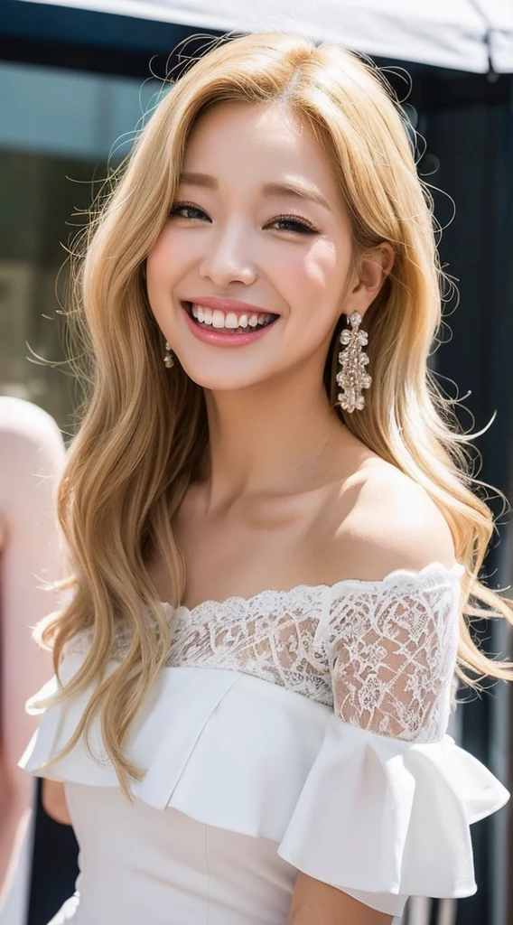 Surreal beautiful woman with blonde wavy hair and a big smile on her face.South Korea.Pure white off-shoulder low-cut dress.role play