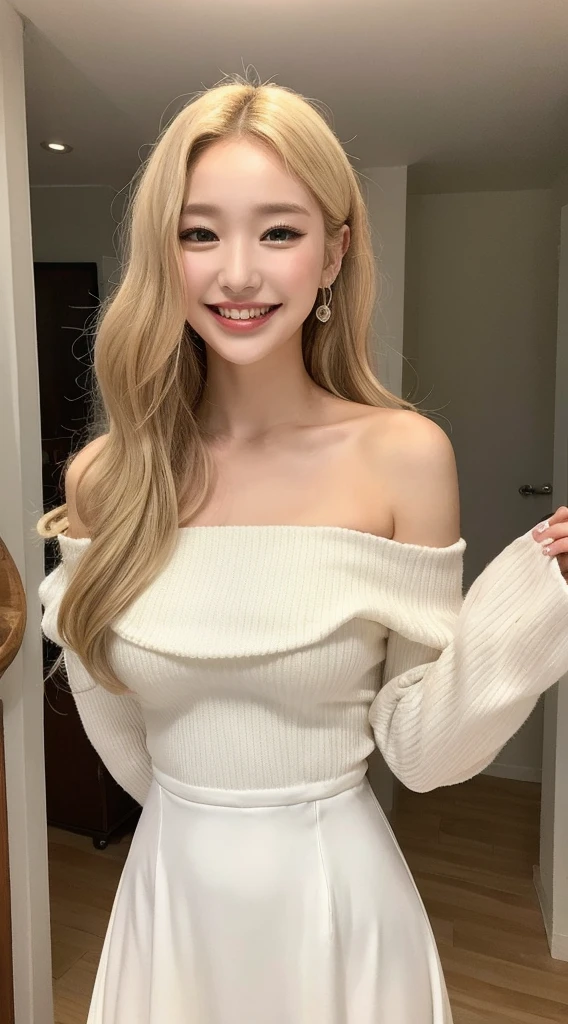 Surreal beautiful woman with blonde wavy hair and a big smile on her face.South Korea.Pure white off-shoulder low-cut dress.role play
