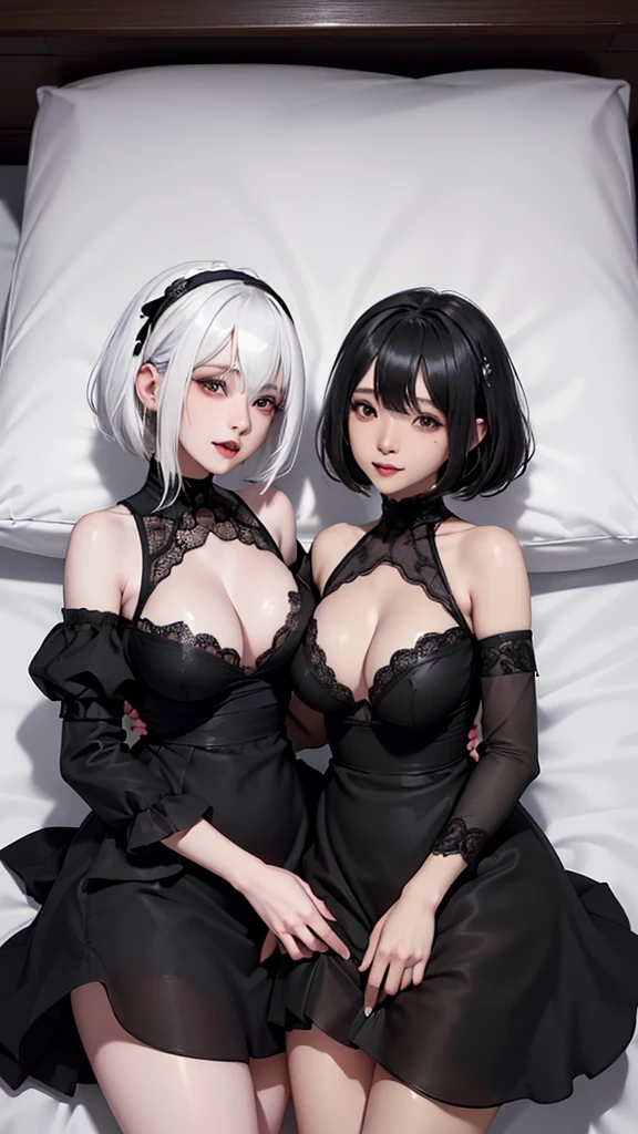 ((High quality)),masutepiece,(Detailed depiction of local details:1.2),2girl,Plump breasts,Enchanted Valley,Closed mouth,Eyelashes,nipple bigboobs,Portrait,White hair,black theme,Short hair,yorha no. 2 Type B,(((White hair and black hair)))、((Lick each other's genitals)) Full body view、(((sixty-nine)))((Woman in white underwear、Woman in black underwear))((Two people smiling))((Light skin and dark skin))(((Black Hair、Dark Skin、Woman in Black Dress)))((white thong))((black thong))(((Two people intertwined in a double bed)))((cunnilingus))((oral sex)) ((Lick each other's body))((股に顔を埋める))