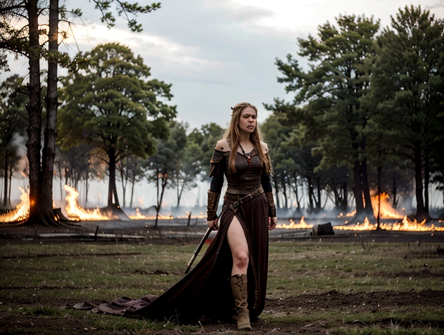 angry viking woman, battlefield, trees in fire