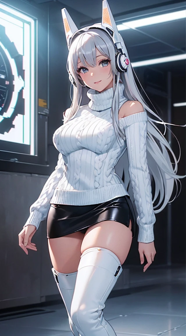 smile、((8K)), ((32k)), ((Highest quality)), ((masterpiece)), ((超A high resolution)), ((Tmasterpiece)), ((Halation:1.4))、((White mechanical headgear:1.3))、((White mecha cyber headphones:1.3))、Fine skin, High quality fabric, ((Beautiful and dense face))、RAW Photos、Professional, Ultra-fine painting, ((alone)), Beautiful breasts、Highest quality, Very detailed, Very detailed詳細, Finer details, so beautiful, Full body description、on a futuristic street、White thigh-high boots、(Woman wearing a black leather miniskirt:1.8)、(Wearing a white knitted turtleneck sweater:1.8)、 take a walk、Beautiful legs、(Machine Eyes:1.3)、drooping eyes: 1.3,, (In 8K) , masterpiece, (No retouching, Lip gloss, False eyelashes, Real Skin, Highest quality, 超A high resolution, Depth of written boundary, chromatic aberration, Caustics, Wide Lighting, Natural Shading))、Korean Idol、Asian woman smiling at camera,、Young and cute gravure idol, Young and skinny gravure idol, Realistic Young Gravure Idol, Young Gravure Idol, Japanese Model, Shot with Canon EOA 6D Mark II, Shot with Canon EOS 5D Mark IV, Young Gravure Idol、(White thigh-high boots:1.5)、(Long silver hair:1.1), cowboy_shot, Side Focus, Shiny、Concept Art, Anime fantasy artwork, (((Long silver hair))), 8K high quality, detailed art, In 8Kのキャラクターアートの3Dレンダリング, neat legs, Defined, Defined fingers,