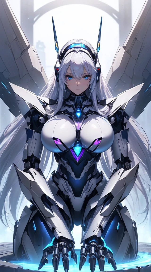 (Sit with one knee on the machine:1.6)、(Full body description:1.3)、((Shining lenses on both breasts:1.3))、((Blue pillars of light are emanating from both chests.:1.3))、smile、((8K)), ((32k)), ((Highest quality)), ((masterpiece)), ((超A high resolution)), ((Tmasterpiece)), ((Halation:1.4))、((Mechaニカルheadgear:1.2))、((Cyber headphones:1.3))、Fine skin, High quality fabric, Fine metal texture、((Beautiful and dense face))、RAW Photos、Professional, Ultra-fine painting, ((alone)), Beautiful breasts、Highest quality, Very detailed, Very detailed詳細, Finer details, so beautiful, ((Princess Knight Robot:1.2)),  (Joints of machines, Mechanical Limbs:1.3), (The internal structure of the machine is exposed:1.3), (Long silver hair:1.1), (Beautiful and huge mechanical breasts)、White Veil, cowboy_shot, Side Focus, headgear, Shiny、(Five Fingers, Four fingers and thumb),Concept Art, Anime fantasy artwork, Detailed fantasy art, (with pale blue-violet hair and large white wings,,,,,,,), (((Long silver hair))), (Mecha:1.6)、Sleek and intimidating design, ((Commander-in-Chief&#39;arm)), (Perfect robot body)、純白と青紫armまたは, Symmetrical wings, 8K high quality, detailed art, 3D rendering of character art in 8K, neat legs, Defined, Defined fingers,