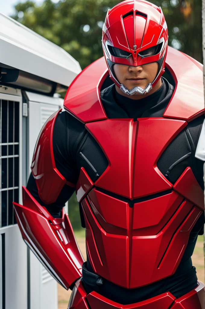 Red power ranger doing aircon job