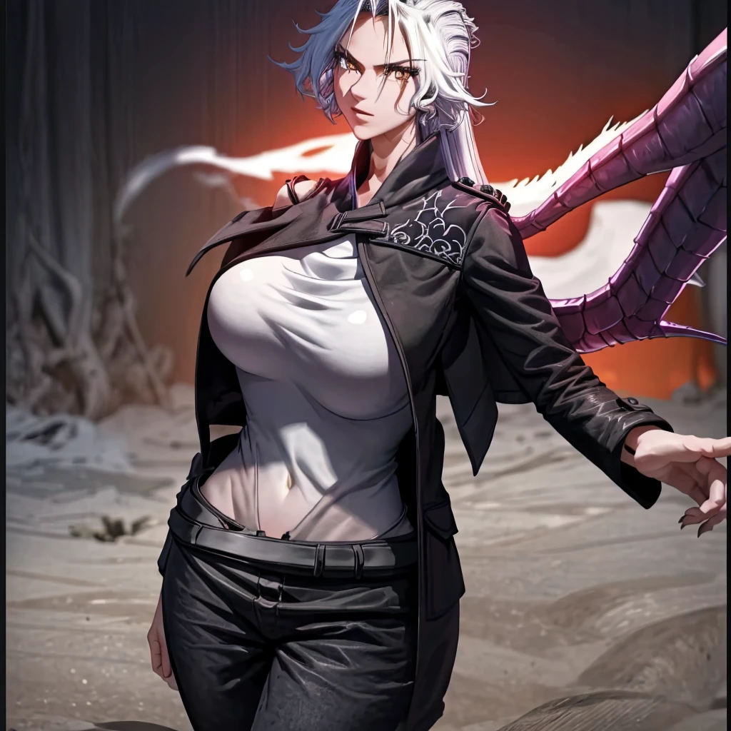 Isabella Osa\(My Wife is a Demon Queen\), (incredibly absurdres, (high resolution:1.18), intricate detail, (masterpiece:1.1), (highest quality:1.1), absurdres) BREAK (1girl, solo, portrait), ((white hair)), ((red eyes)), long hair, (detailed eyes), Read Desc, ((black coat, red shirt, black pants)), ((cinematic background)) , naked, desnuda