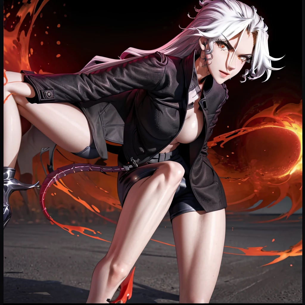 Isabella Osa\(My Wife is a Demon Queen\), (incredibly absurdres, (high resolution:1.18), intricate detail, (masterpiece:1.1), (highest quality:1.1), absurdres) BREAK (1girl, solo, portrait), ((white hair)), ((red eyes)), long hair, (detailed eyes), Read Desc, ((black coat, red shirt, black pants)), ((cinematic background)) , naked, desnuda