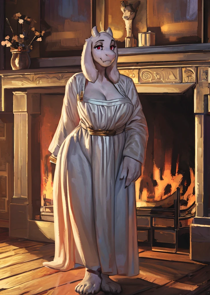 [toriel], [Undertale], [Uploaded to e621.net; (Pixelsketcher), (wamudraws), (woolrool)], ((masterpiece)), ((HD)), ((high quality)), ((solo portrait)), ((front view)), ((feet visible)), ((furry; anthro)), ((detailed fur)), ((detailed shading)), ((beautiful render art)), ((intricate details)), {anthro goat; white fur, white nose, cute maroon eyes, (short eyelashes), (short goat antlers), short fluffy tail, (deep cleavage), (gorgeous hips), (beautiful feet), (expressionless)}, {(Lady Dimitrescu, [background; (living room), (yellow walls), (orange wood floor), (fireplace), (ambient lighting)], (sfw)