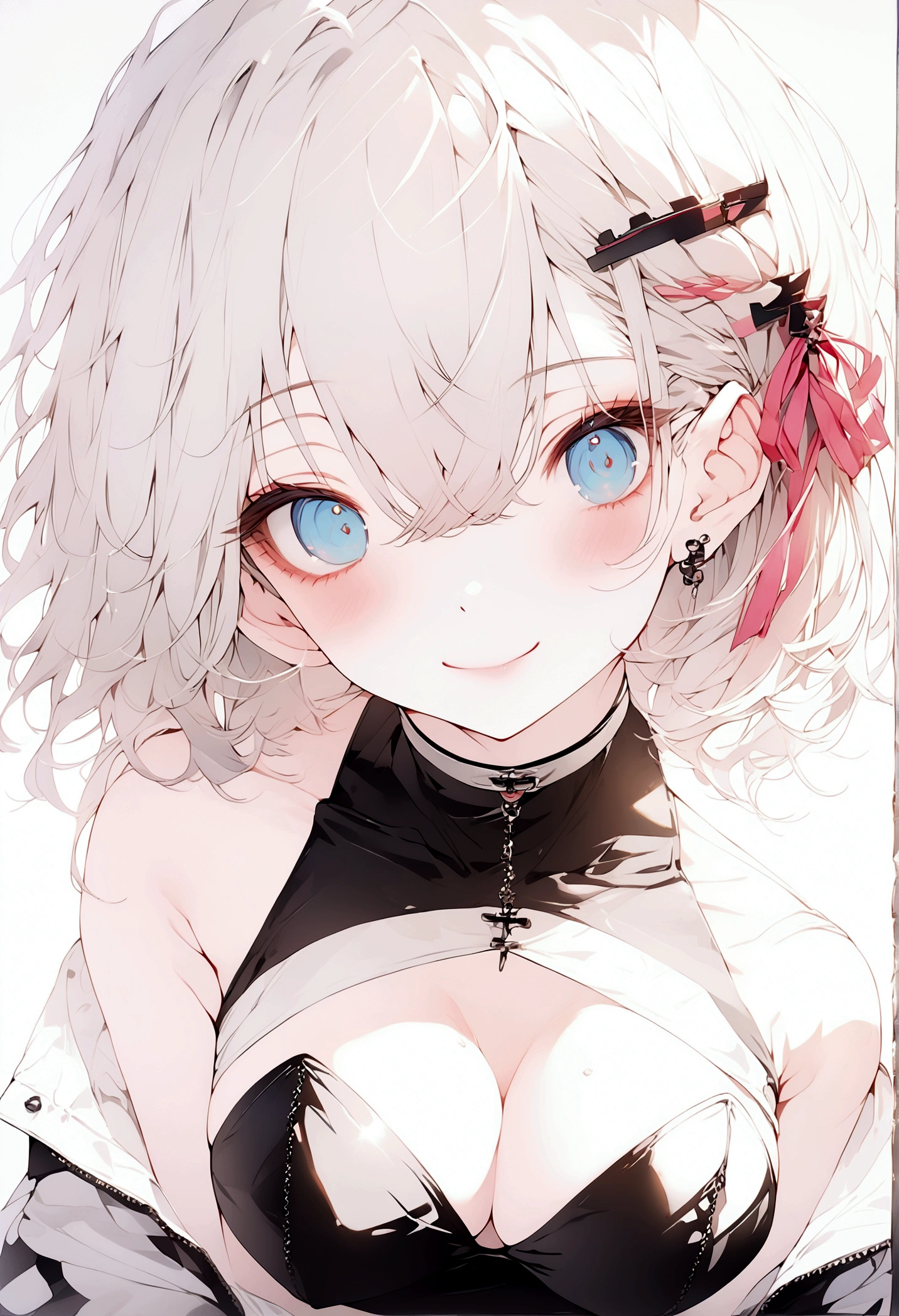 beautiful, masterpiece, Highest quality, anime, One girl, C Cup,Portrait Shot, View your viewers, Intricate details,>,((Covered、Short Hair、nearby、Blue Eyes、art、、White hair,Blue streaked hair、wallpaper、、hairpin、smile、Thighs、Race Queen、rq