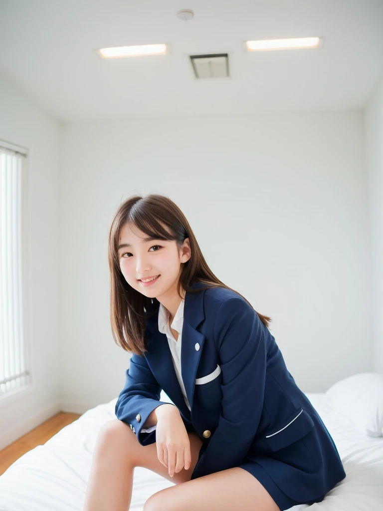(Highest quality:1.9)、(High resolution)、Live-action image quality、((18-year-old high school girl、1 person))、Soft lighting by a professional photographer、Natural light、((Very spacious white luxurious room:1.6))、((Bright white room:1.6))、(Sitting on a very luxurious white bed:1.2)、(White Bookcase:1.1)、(Sit with your knees bent)、bangs、Enlarge your eyes、Eyelashes、cute、Very cute natural soft light、((Brown hair color:1.1))、Fair skin、Detailed Eyes、double eyelid、Slightly puffy cheeks、((Small Face:1.0))、 ((Navy blue blazer uniform of Japanese girls' high school:1.5)),((Pink long sleeve buttoned shirt、Tuck Out、Please wear it with the chest open.:1.1))、((Gray checkered uniform miniskirt))、Live-action image quality、E cup bust、Cleavage、(smile)、((Girly pose 1.8))、((Full Body Shot:1.2))、((Height: 150cm))、Hands in front、Hide your hands between your legs、The shirt buttons are white