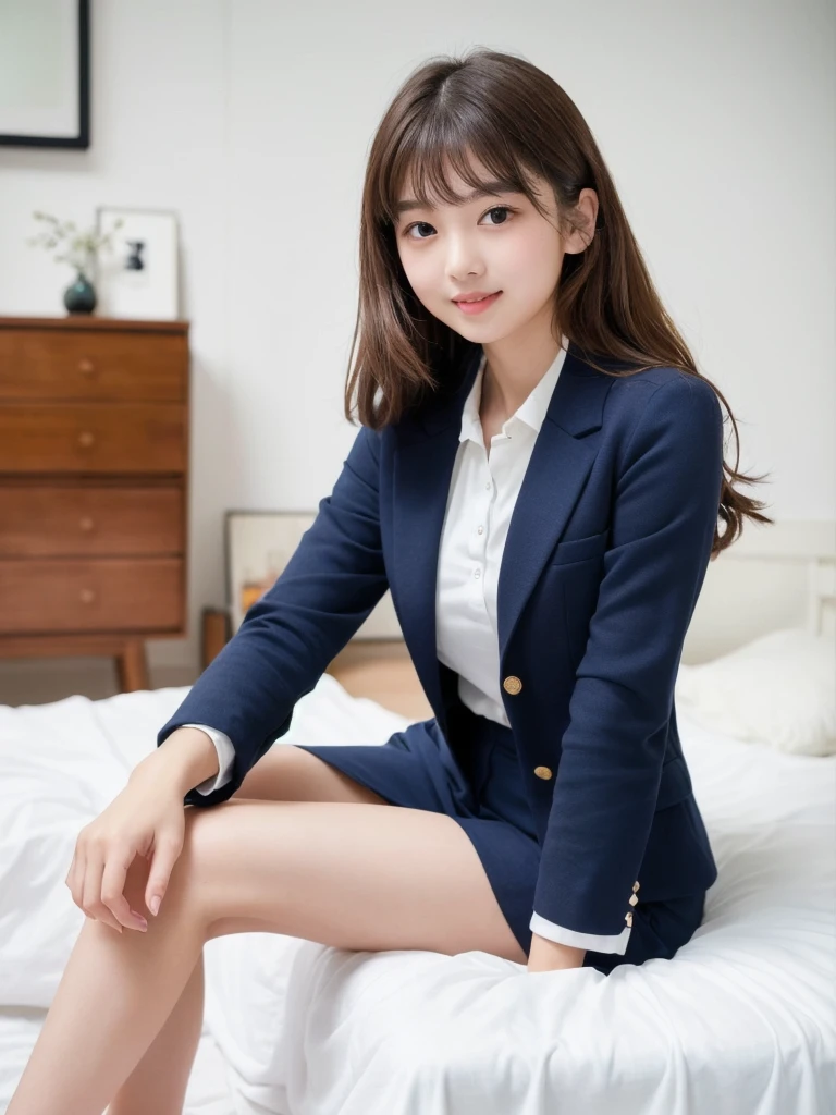 (Highest quality:1.9)、(High resolution)、Live-action image quality、((18-year-old high school girl、1 person))、Soft lighting by a professional photographer、Natural light、((Very spacious white luxurious room:1.6))、((Bright white room:1.6))、(Sitting on a very luxurious white bed:1.2)、(White Bookcase:1.1)、(Sit with your knees bent)、bangs、Enlarge your eyes、Eyelashes、cute、Very cute natural soft light、((Brown hair color:1.1))、Fair skin、Detailed Eyes、double eyelid、Slightly puffy cheeks、((Small Face:1.0))、 ((Navy blue blazer uniform of Japanese girls' high school:1.5)),((Pink long sleeve buttoned shirt、Tuck Out、Please wear it with the chest open.:1.1))、((Gray checkered uniform miniskirt))、Live-action image quality、E cup bust、Cleavage、(smile)、((Girly pose 1.8))、((Full Body Shot:1.2))、((Height: 150cm))、Hands in front、Hide your hands between your legs、The shirt buttons are white