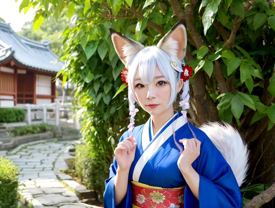 A woman in her fifties wearing a blue kimono and red flowers in her hair, a beautiful narrow woman, girl with Fox Ears, narrow, The fox and the bush, narrow mask on head, Fox Ears, Beautiful fox woman, fluffy Fox Ears, anime Cat-eared girl, white Fox Ears, Anime Girl Cosplay, Anime Cosplay, Traditional Japanese, Cat-eared girl