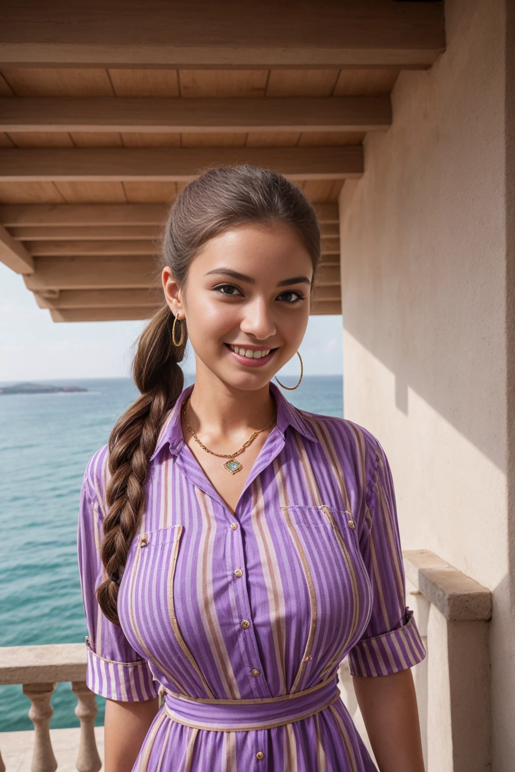 Half-length glamour portrait, nikon D850, f1.6 lens, 200mm, DSLR, 22 Megapixels, (((Terrace of a villa overlooking the Sea scene))), shot of a stunning 20 years old portuguese girl, (smile:1.4), (wearing Medium purple Striped shirt dress:1.6), ((seductive pose)), hot girl, (((big natural breasts))), (((brown ponytail hair))), ( girl), symmetrical face, photorealistic, photography, (bright natural lighting), gorgeous, deep cleavage, (masterpiece), best quality, high resolution, extremely detailed, cinematic lighting, (((very narrow waist))), rich colors, hyper realistic, lifelike texture, ((jewelry)), (((She has beautiful hands and wears rings))), (bracelet), (necklace), (ankle chain), (nail polish) (earrings), Fuji Superia 200, 8k
