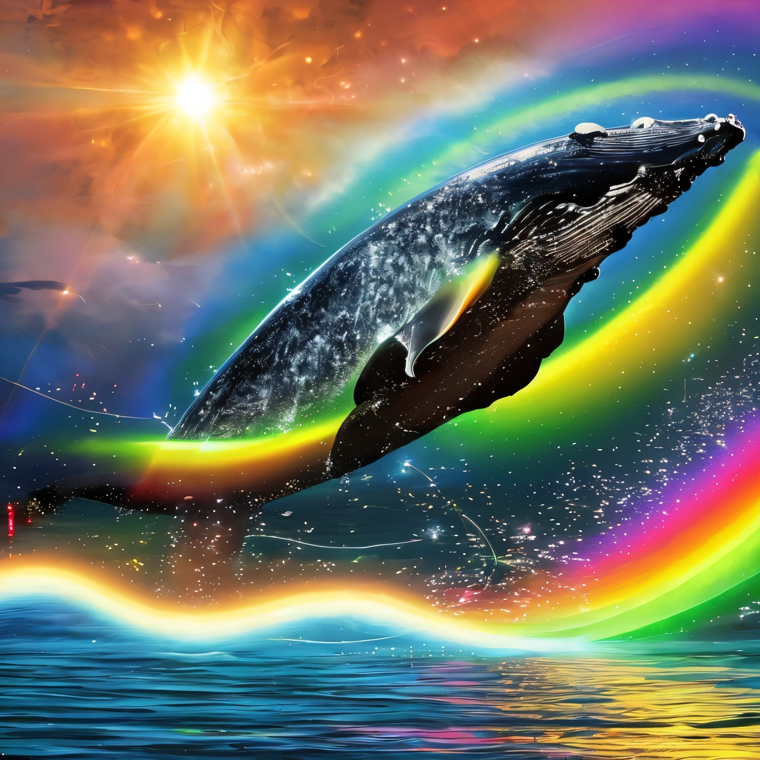 (Excellent: 1.2, Highest Quality), (Realistic, Photorealistic: 1.4), Beautiful illustration, Dutch angle, Close-up (Electricity-like glow, a large whale jumping out of the sea), Sparkling light runs through the air, the whale is wrapped in electricity and sparkles, Digital data image background, Rainbow-colored digital space, Large planet in the background,