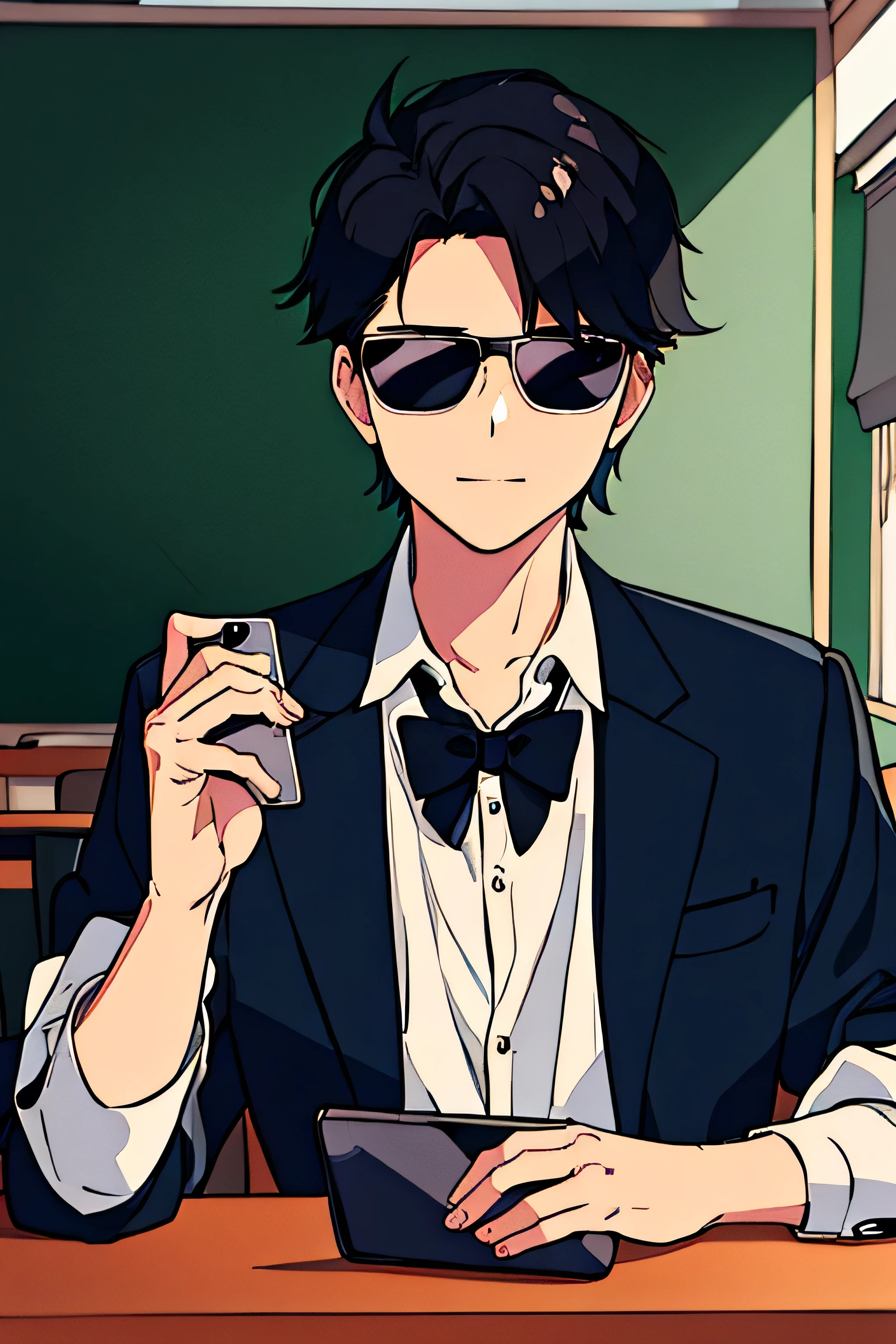 A Young Boy Nerd Age 16 White Skin Fermine Black Hair Sunglasses He Dress High He Hold His Phone Background Classroom