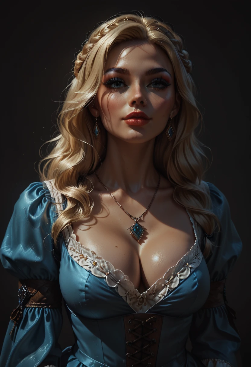 score_9, score_8_up, score_7_up, score_6_up, 1girl, breasts, rating:safe, necklace, cleavage, solo, jewelry, long_hair, blonde_hair, upper_body, blue_eyes, large_breasts, looking_at_viewer, lips, eyelashes, pendant, dress, makeup, medieval, dress
