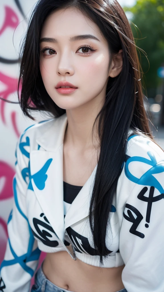 ,1girl, solo, pretty face, long black hairstyle ,eyelashes, nose, glossy lips, (detailed eyes, looking at viewer, fair skin, white skin: 1.5), smooth skin, intricate, graceful, highly detailed, majestic, digital photography, hyper realistic, Masterpiece, Best Quality, Best Quality, (graffiti:1.5), jacket, looking at viewer, in the city, nature light, bokeh background,