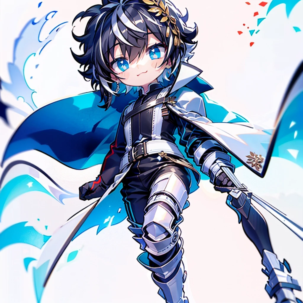 (white background:1.5), ((absurdres)), hd, uhd, (((HDR))), ((best quality)), (ultra high quality), (hi-res), ((1boy)), solo, charlemagne, black hair, blue eyes, multicolored hair, two-tone hair, happy expression, :3, (skipping, running), medieval city, outside, medieval buildings, cobblestone sidewalk, daytime, additional lighting, sunlight on face, noon, bright sun, medieval city scenery, birds, 