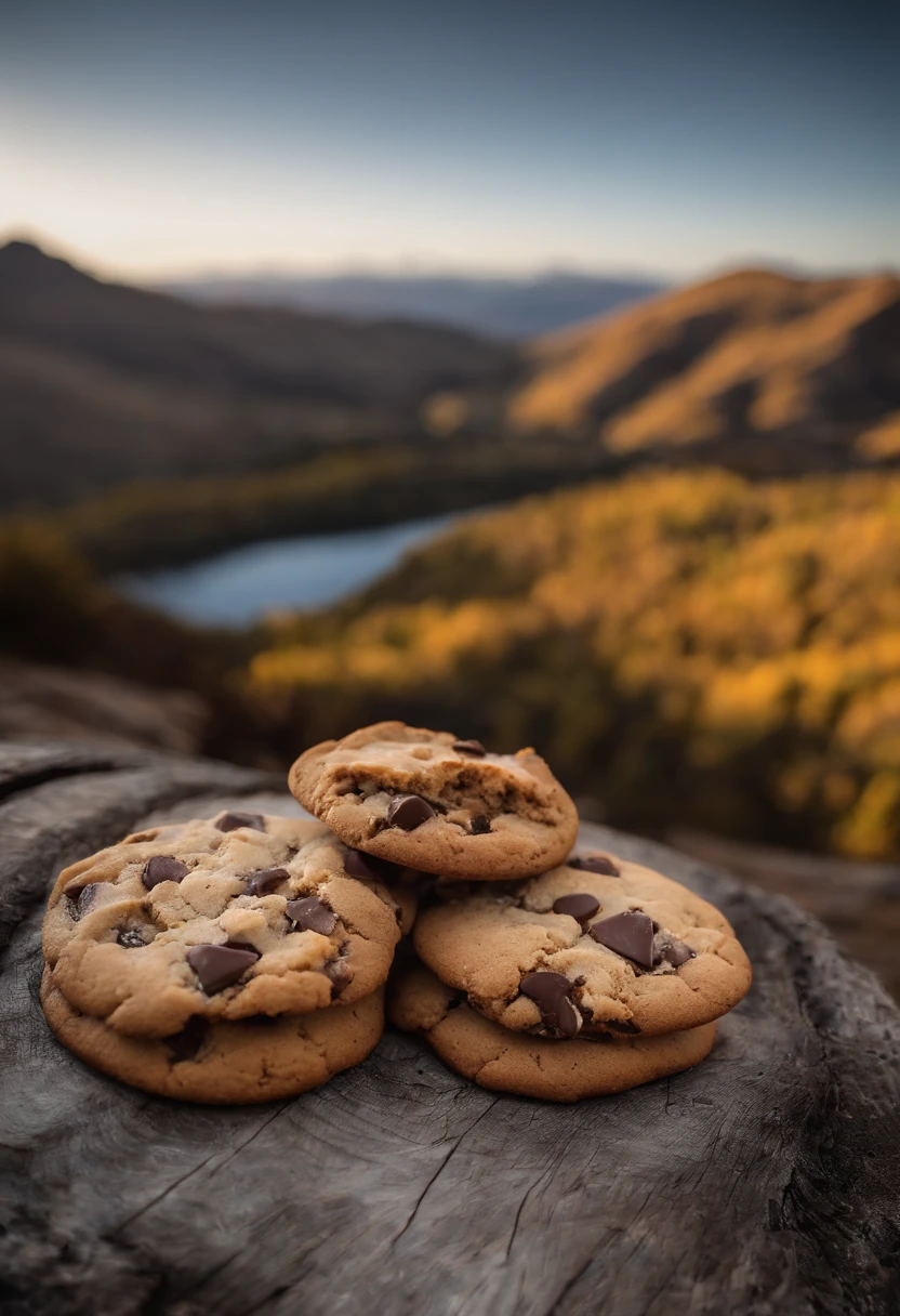 On top of a mountain (valley nevado), Cookies,(Cookie cookie)(chocolate, cookie(fatter), rounded cookie), cenario(on rustic wood, on top of a mountain (ao fundo um valley e mountainscape), realisitic, 4K, Photo by the best photographer in the world, best qualityer, grade, absolute realism, cookies, Cookie cookie, chocolate drops, top of the mountain, neve. Cookies no top of the mountain, naturey, foto na naturey , foto cookies naturey montanha, mountainscape, neve, valley, cookies