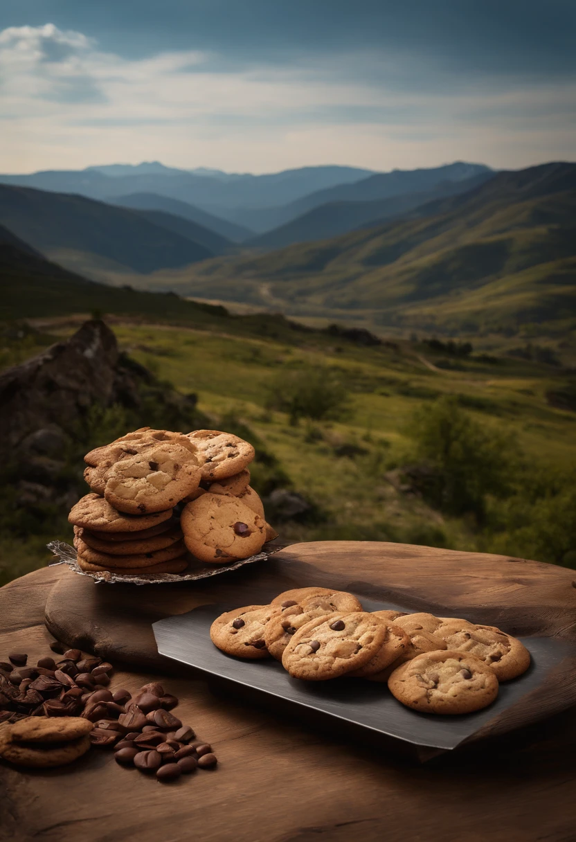 On top of a mountain (valley nevado), Cookies,(Cookie cookie)(chocolate, cookie(fatter), rounded cookie), cenario(on rustic wood, on top of a mountain (ao fundo um valley e mountainscape), realisitic, 4K, Photo by the best photographer in the world, best qualityer, grade, absolute realism, cookies, Cookie cookie, chocolate drops, top of the mountain, neve. Cookies no top of the mountain, naturey, foto na naturey , foto cookies naturey montanha, mountainscape, neve, valley, cookies